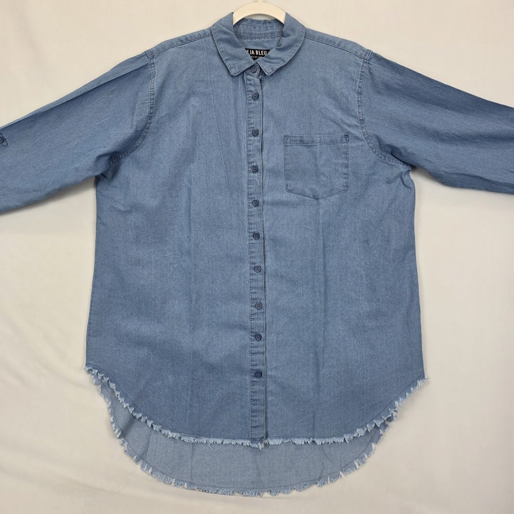 Deja Bleu Button Up Top Women 1X Blue Chambray Frayed Hem Roll Tab Sleeve Causal